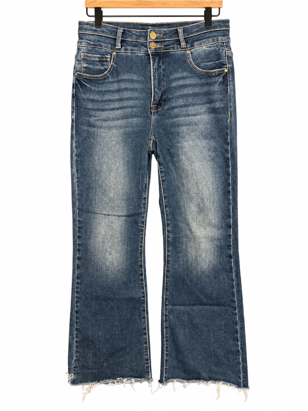 Risen High-Rise Dark Blue Flare Jeans for Women w/ Raw Hem